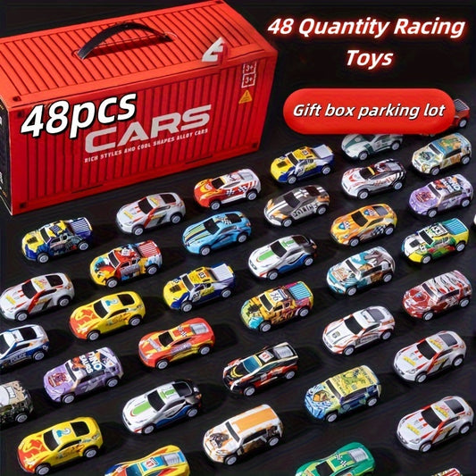 48pcs Die-Cast Racing Car Set with Pull Back Mechanism And Container Storage Case - Diverse Iron Alloy Vehicles, Educational Playset for Ages 3+, Ideal Birthday And Holiday Gift for Winter