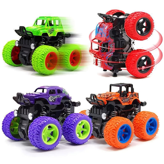 4pcs Push & Go Friction-Powered Monster Trucks - Double-Direction Inertia Cars with 360° Rotation, Durable Pull Back Vehicle Set - Perfect Birthday Gift for Youngsters 3+