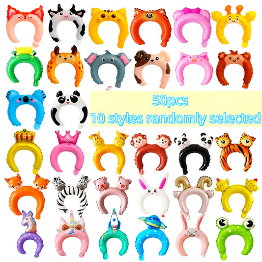 50pcs 10 Styles Zoo Animal Inflatable Headbands Wildlife Safari Balloon Hair Hoop Animals Balloons Hat for Jungle Theme Birthday Party Favors, Assorted Style, Easter Room Decor