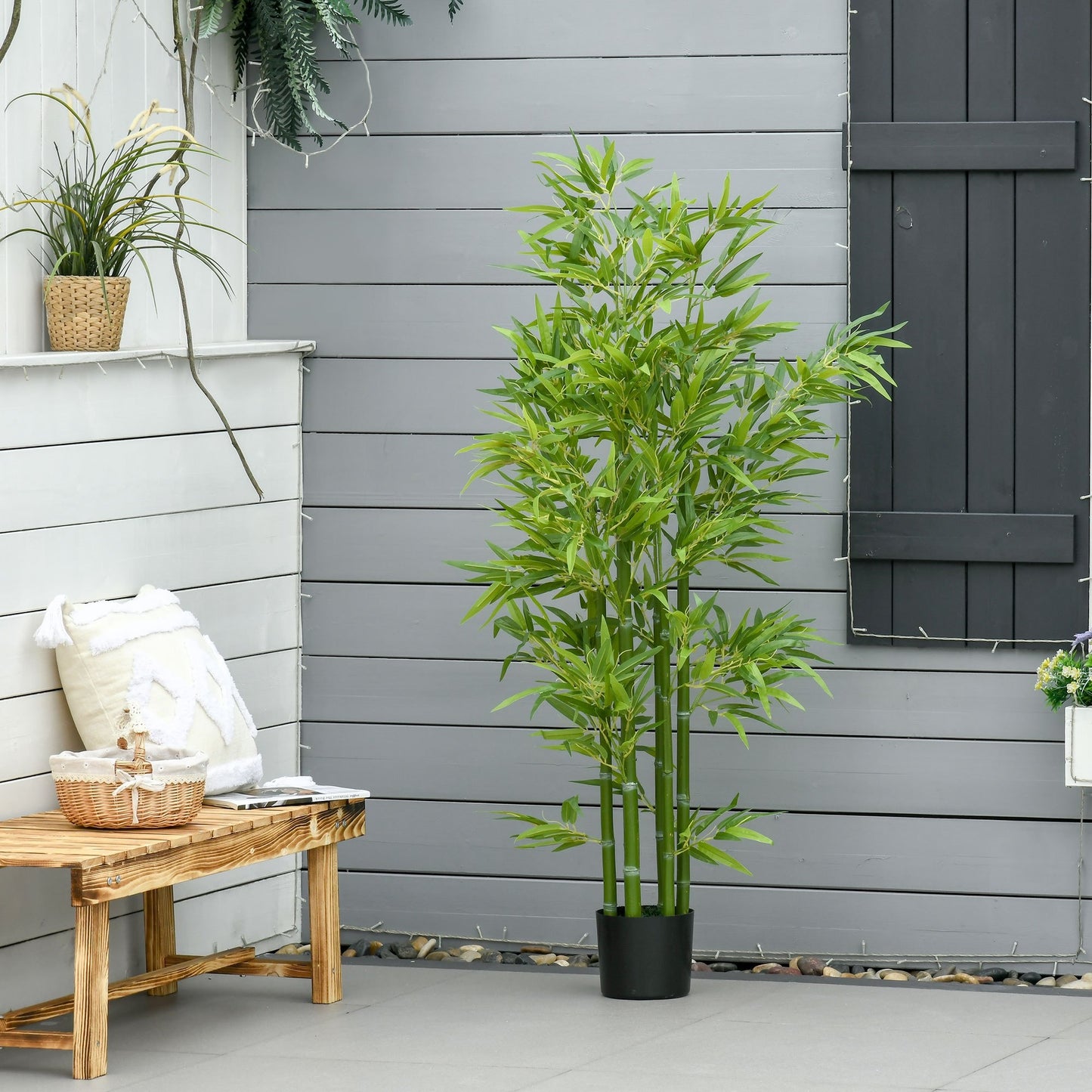 HOMCOM Arbre artificiel en bambou de 5 pieds dans un pot, plantes artificielles d'int¨¦rieur et d'ext¨¦rieur pour la d¨¦coration de la maison, du bureau et du salon, vert