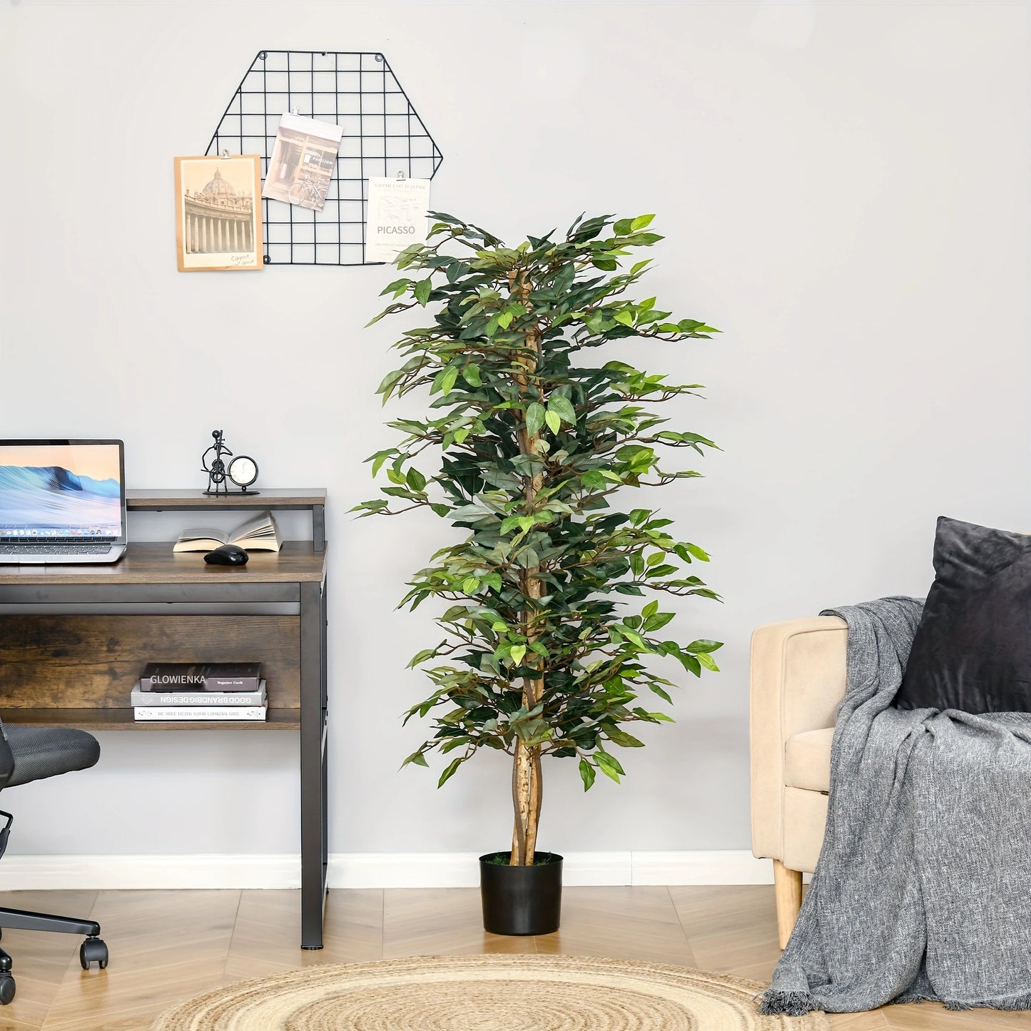 Arbre artificiel en Ficus de 5 pieds, faux arbre avec feuilles, plante artificielle dans un pot de p¨¦pini¨¨re pour la d¨¦coration int¨¦rieure et ext¨¦rieure