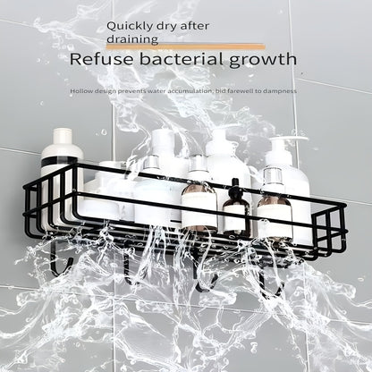 Wrought Iron Bathroom Shelf with Hooks, Wall Hanging Storage Rack, Painted Finish, No Drilling Required, Single Shelf Organizer for Shower Gel and Toiletries