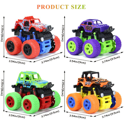 4pcs Push & Go Friction-Powered Monster Trucks - Double-Direction Inertia Cars with 360° Rotation, Durable Pull Back Vehicle Set - Perfect Birthday Gift for Youngsters 3+