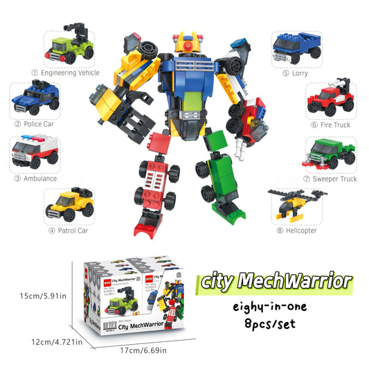 8pcs Urban Vehicle Building Blocks Set - Includes 8 Unique City Cars & Mecha Warrior - Ideal for Christmas, Thanksgiving, Birthday Gifts