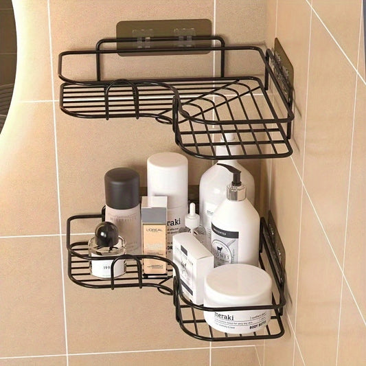 No-Drill Double-Row Bathroom Shelf with 4 Seamless Hooks & Adhesive Clips ¨C Easy Install, Black Plastic Design for Organized Storage of Toiletries and Accessories, Utility Hook, Utility Hooks
