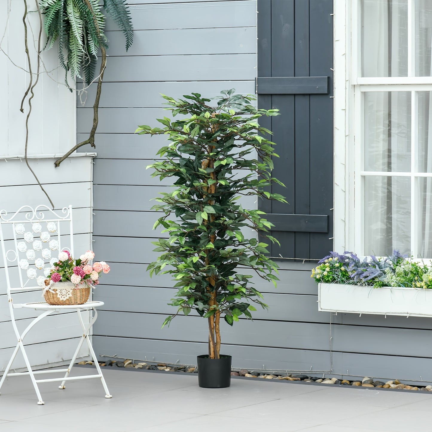 Arbre artificiel en Ficus de 5 pieds, faux arbre avec feuilles, plante artificielle dans un pot de p¨¦pini¨¨re pour la d¨¦coration int¨¦rieure et ext¨¦rieure
