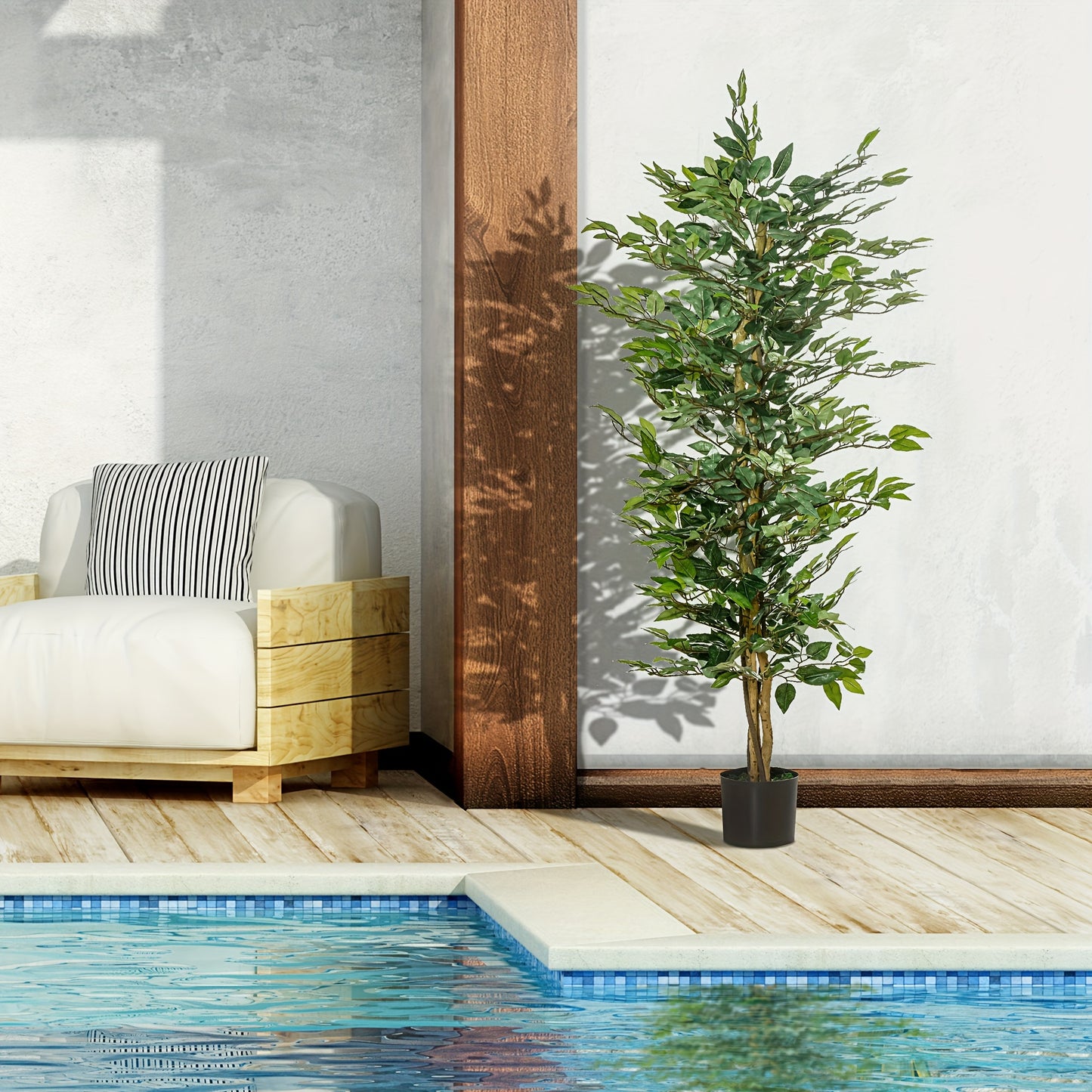 Arbre artificiel en Ficus de 5 pieds, faux arbre avec feuilles, plante artificielle dans un pot de p¨¦pini¨¨re pour la d¨¦coration int¨¦rieure et ext¨¦rieure