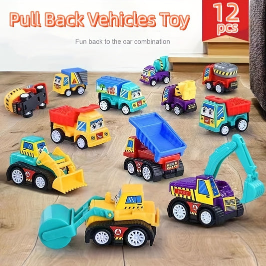 Vibrant 12pcs Pull Back Vehicle Toy Set - Durable Plastic Construction with Friendly Faces, Easy Pull & Go Action - Ideal for Birthday & Christmas Gifts, Assorted Colors
