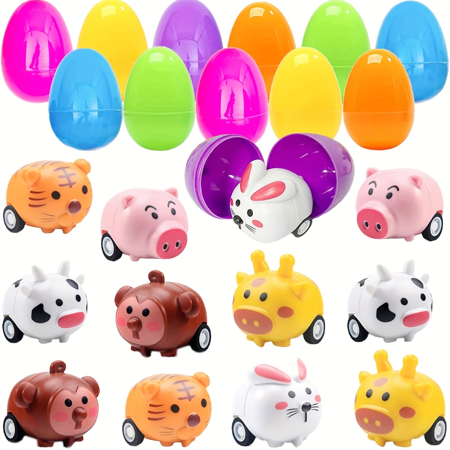 24pcs Easter Eggs with Pull Back Car Toys, Plastic Eggs with Cartoon Animal Vehicles for Kids Easter Egg Hunts, Easter Basket Stuffers Fillers, Easter Party Favor Classroom Prize Supplies