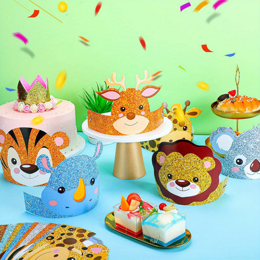 12pcs Youngsters' Glitter Animal Party Hats - Fun Cartoon Designs (Zebra, Frog, Giraffe, Lion & More) for Birthdays, Halloween, Christmas & Carnival Celebrations